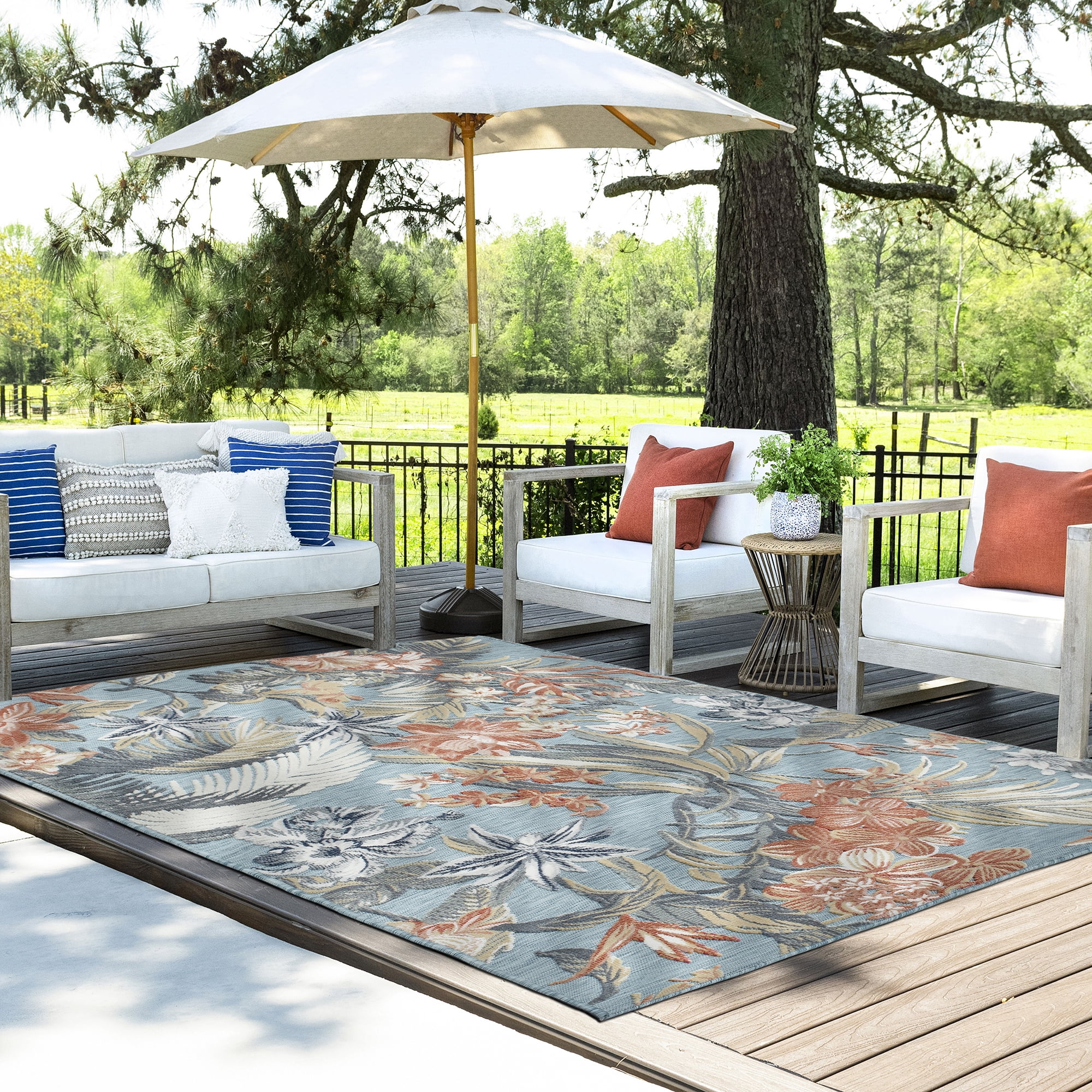 9x12 Water Resistant, Large Indoor Outdoor Rugs for Patios, Front Door Entry, Entryway, Deck, Porch, Balcony | Outside Area Rug for Patio | Aqua, Floral | Size: 8'5'' x 12'2''