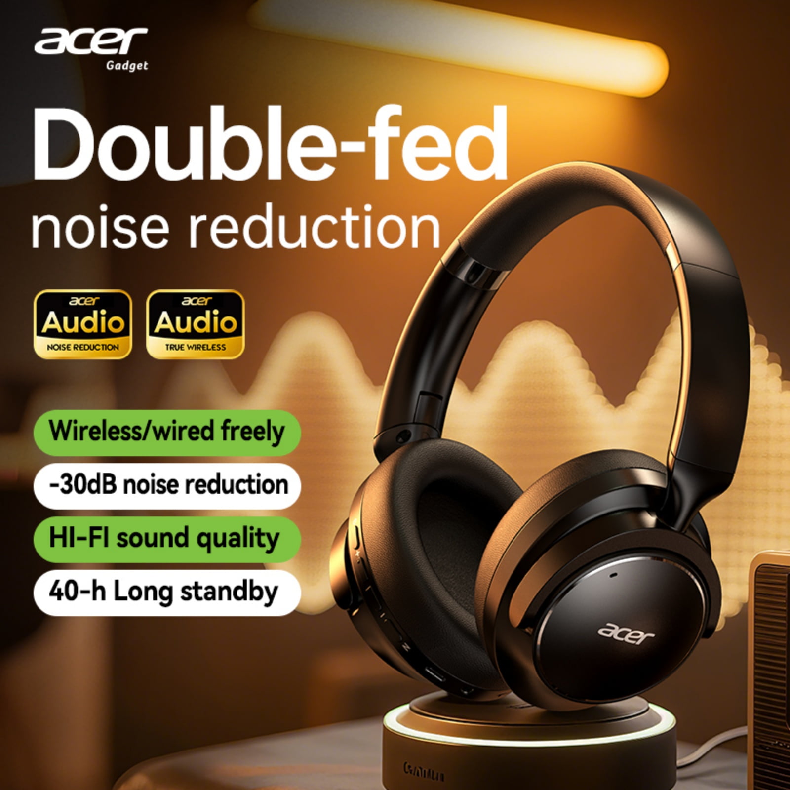 Acer Active Noise Cancelling Wireless Over-Ear Bluetooth Headphones with Microphone for Clear Call