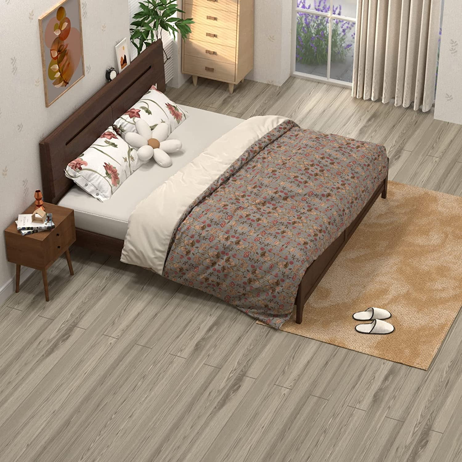 Homease PVC Peel and Stick Vinyl Flooring Roll 23"x 196"/32 Sq.Ft,Thicken Self-Adhesive Vinyl Wood Planks - Waterproof, Wear-Resistant,Easy DIY Install - Gray Maroon