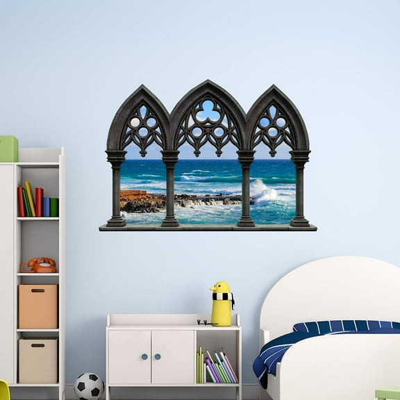 VWAQ - Beach View Castle Window Decals for Walls Peel and Stick Ocean Scene Mural - NWC14