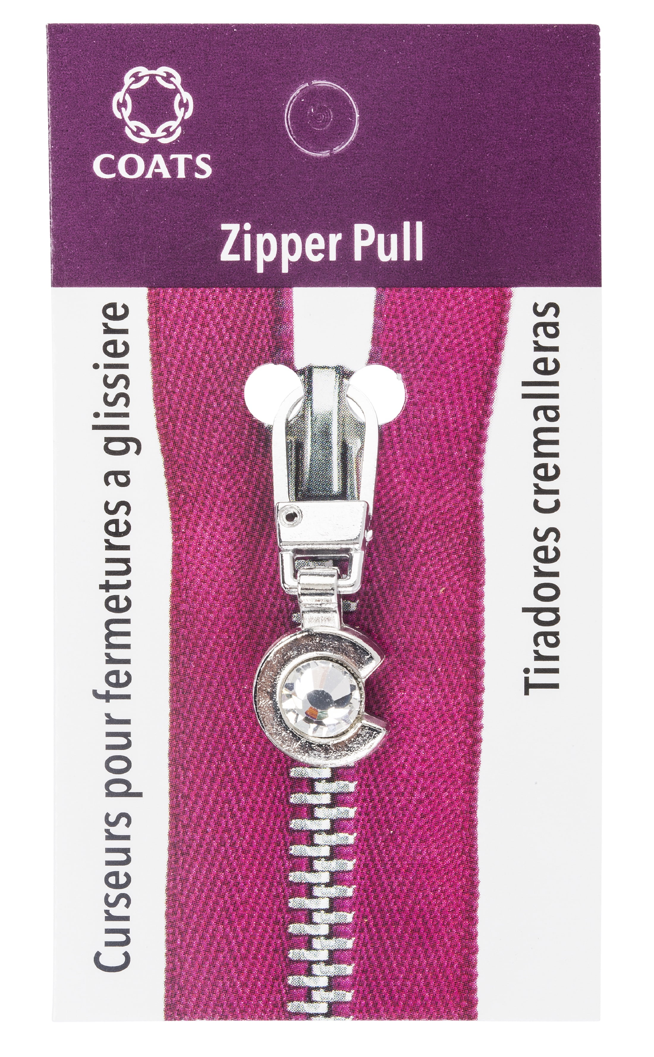 (2 pack) Coats & Clark Zipper Pulls, Metal, Silver C With Stone