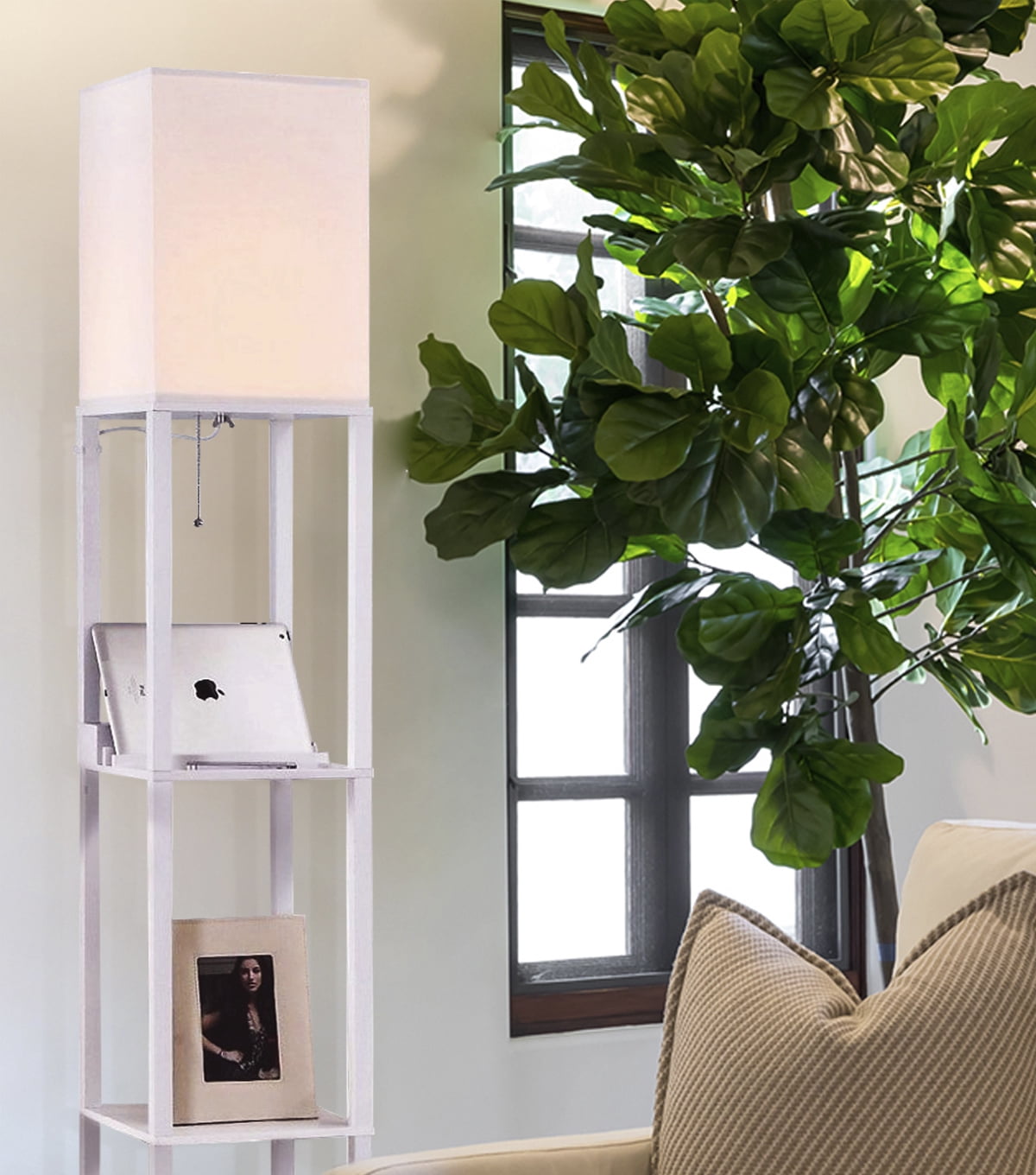 Brightech Maxwell Charger - Modern Shelf Floor Lamp with USB Charging Ports & Electric Outlet - Corner Display Floor Lamps with Shelves for Living Room, Bedroom and Office - White