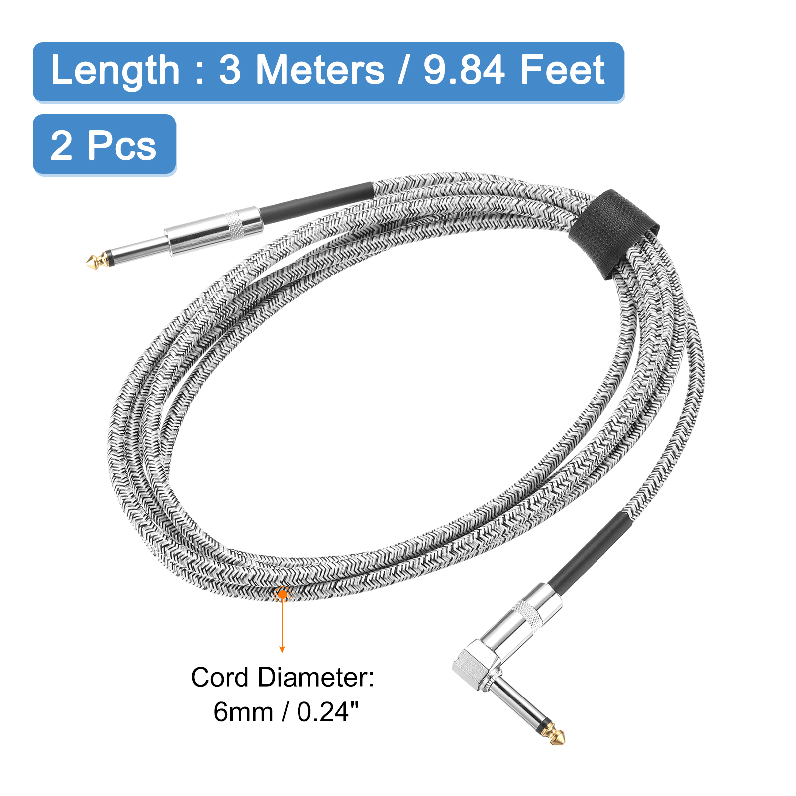 2 PCS Guitar Instrument Cable 10 Feet 1/4" to 1/4" 6.35mm Straight to Right Angle Interconnect Cord Braided Grey