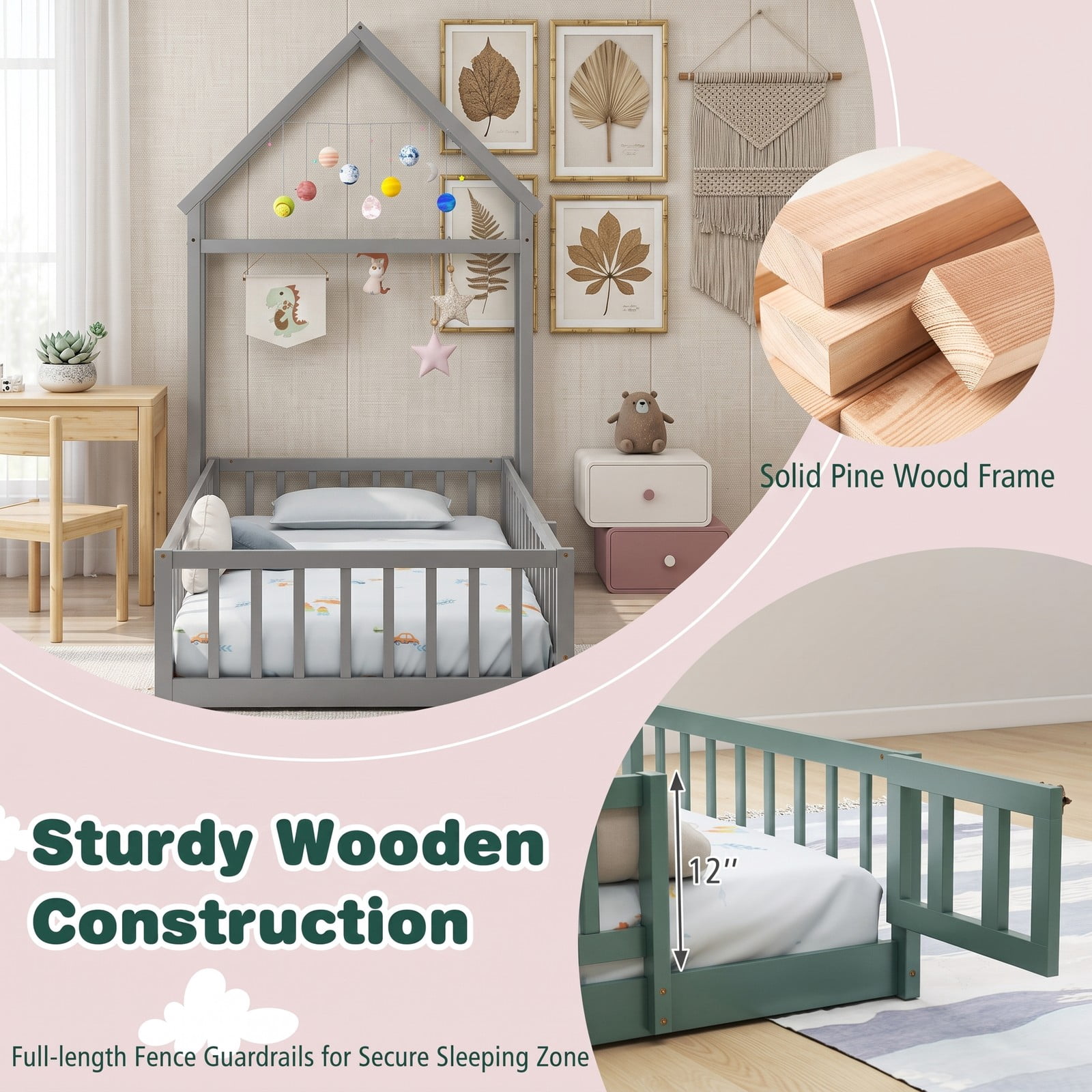 Furnibear Full Size House Floor Bed, Montessori Floor Bed with House-Shaped Frame and Full-Length Fence Guardrails for Kids Room, Gray