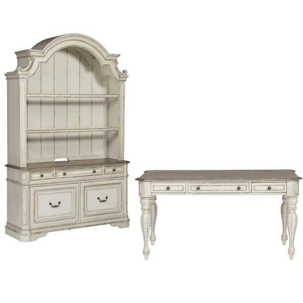 3 Piece Office Set Of Credenza With Hutch And Desk In Rustic Cream