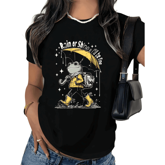 Black Print Tshirt Graphic Tees Shirts Cute Frog Rainy Day Motivational Graphic Casual Streetwear S 5XL Tops