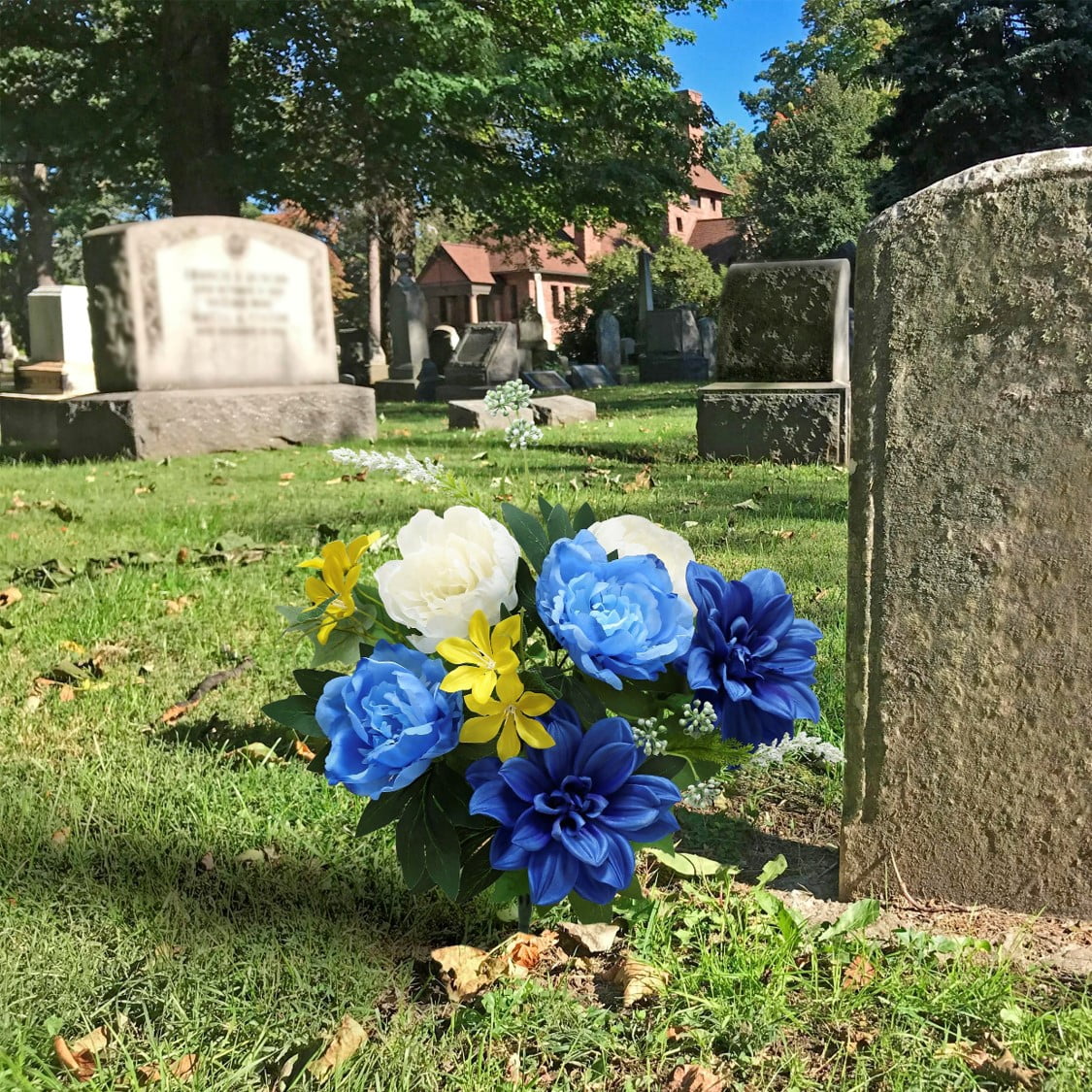 Mainstays 20 in Blue Peony Mixed Cemetery Bouquet, Artificial Flowers for Indoor/Outdoor Use
