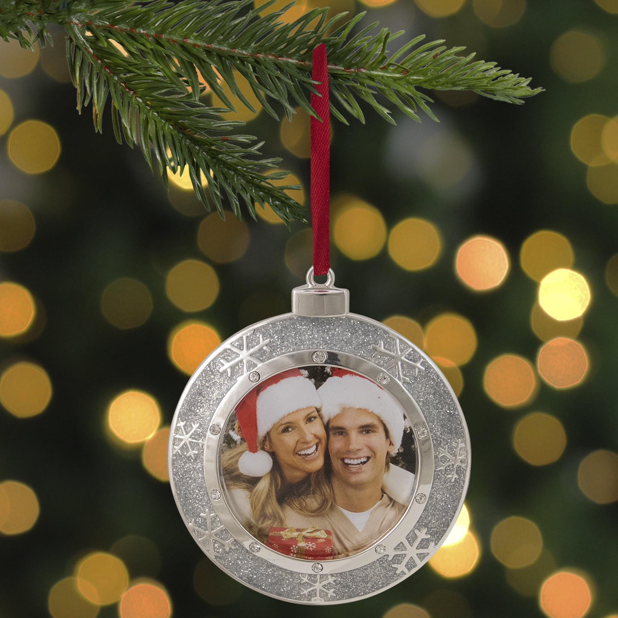Rhinestone Snowflake Enamel Gem Photo Frame Christmas Ornament Set Of 2  Mini Vtg