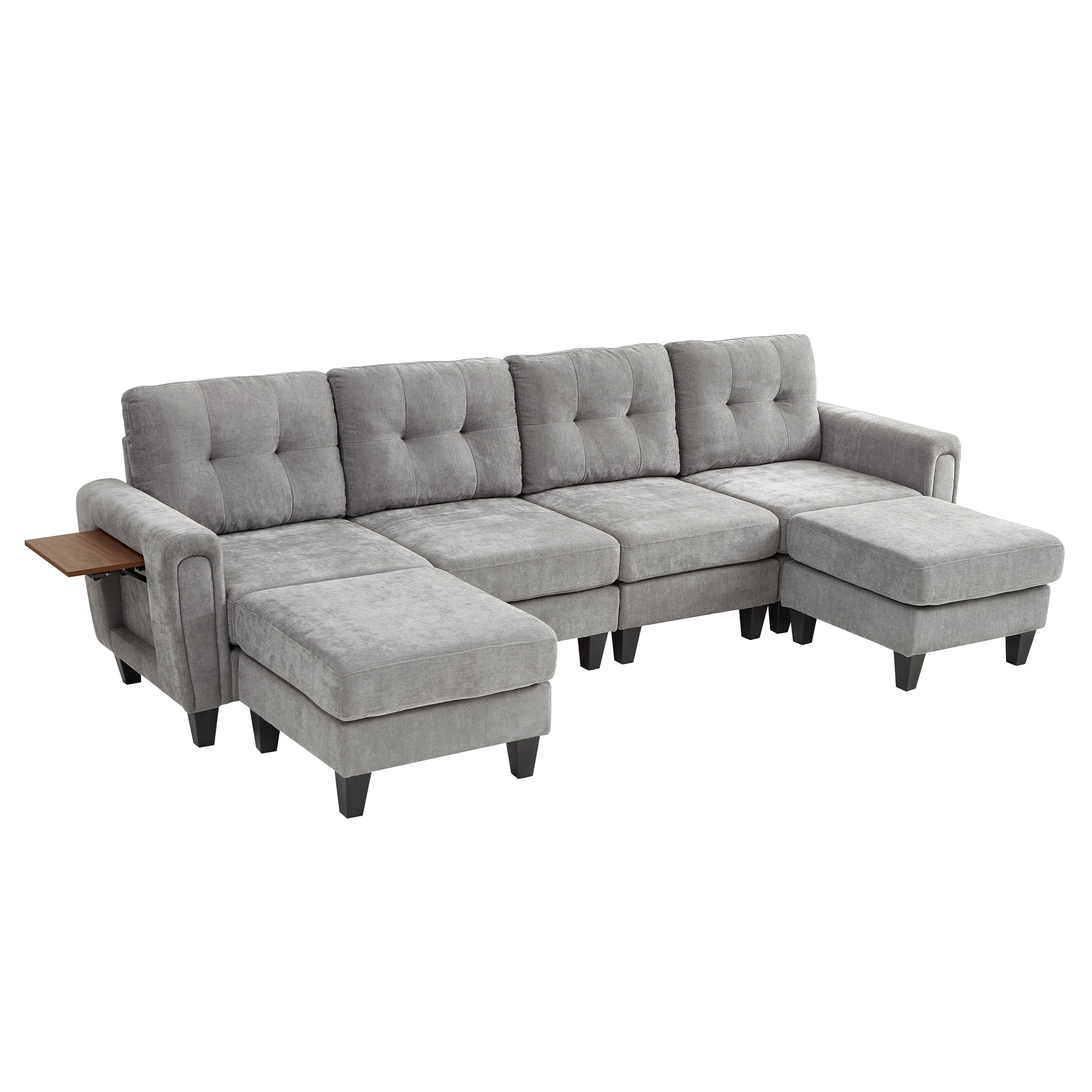 Euroco Modern Sectional Sofa 115" U-shaped Sofa Upholstered Sofa Couch with Two Movable Ottomans, USB Ports and Side Tables for Living Room, Grey