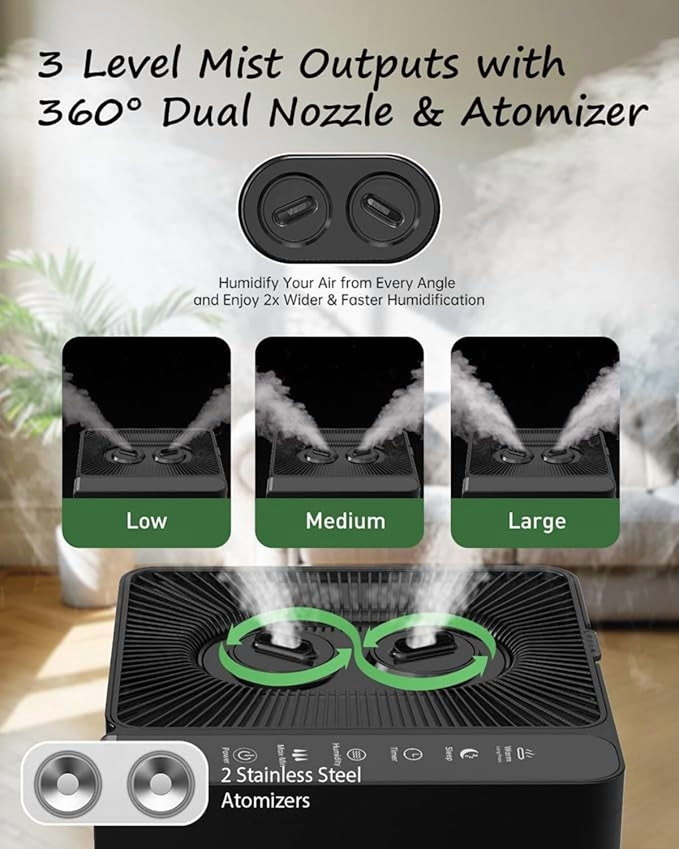 Warm and Cool Mist Humidifier Large Room, 5.3Gal/20L Whole House Humidifiers for Home, Quickly & Evenly Humidify Larger Areas, Top Fill, Dual Mist Nozzles and Atomizers, Office Plants, Black