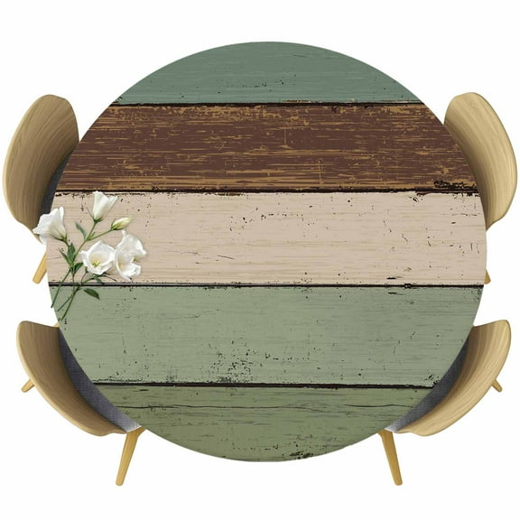 Green Brown Round Tablecloth 55-60 Inch Round Fitted Table Cloth with Elastic Edge, Country Wood Grain Abstract Stripe Waterproof Table Cover Protector for Outdoor Picnic Party Dining