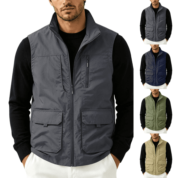 Stand Collar Utility Vest Mens Lightweight Outdoor Sleeveless Cargo Waistcoat with Multi Pockets for Photography