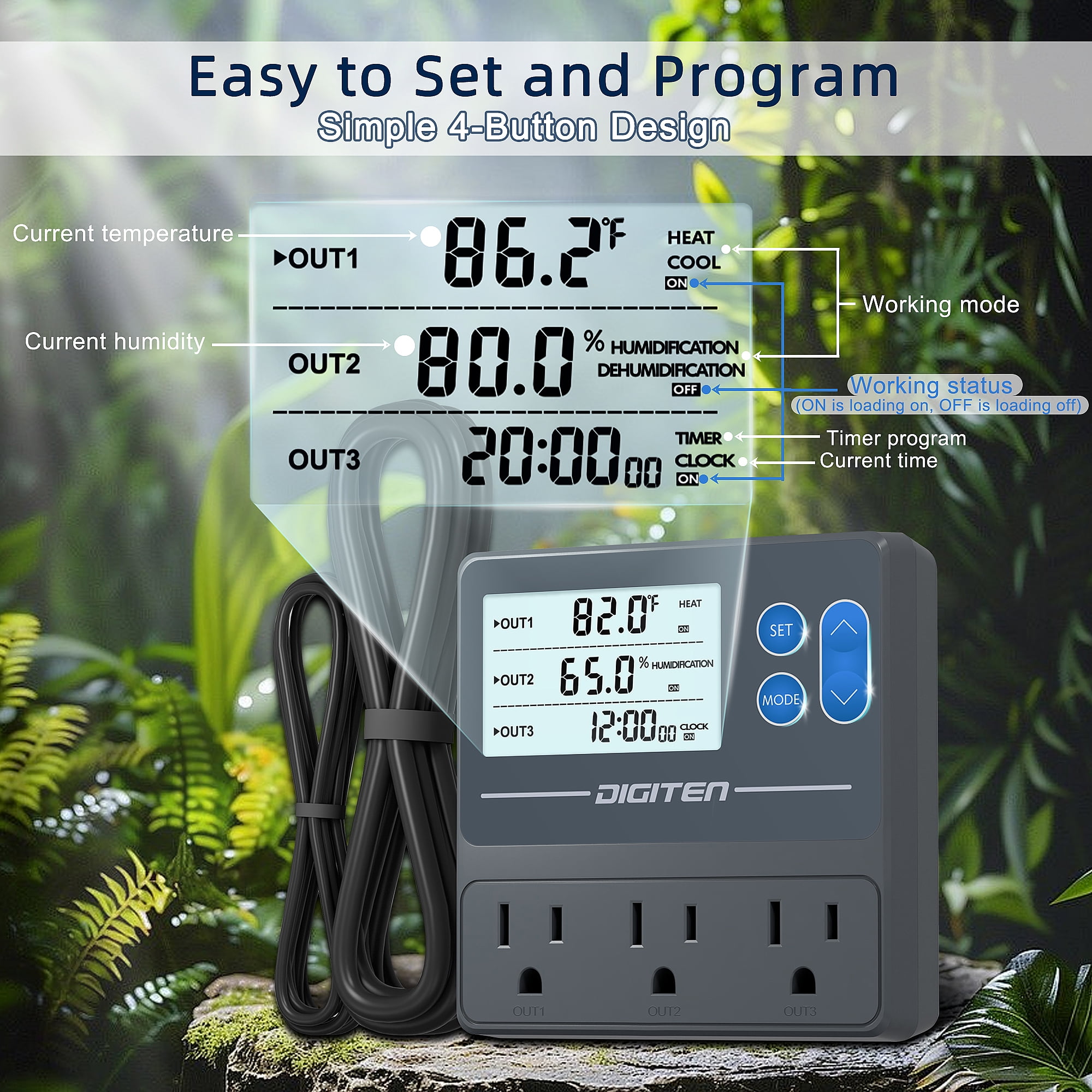 DIGITEN Reptile Temperature and Humidity Controller with Timer Outlet, Day-Night Function Thermostat, 3-Stage Outlet Plug in Temperature Controller for Reptile, Mushroom, Greenhouse