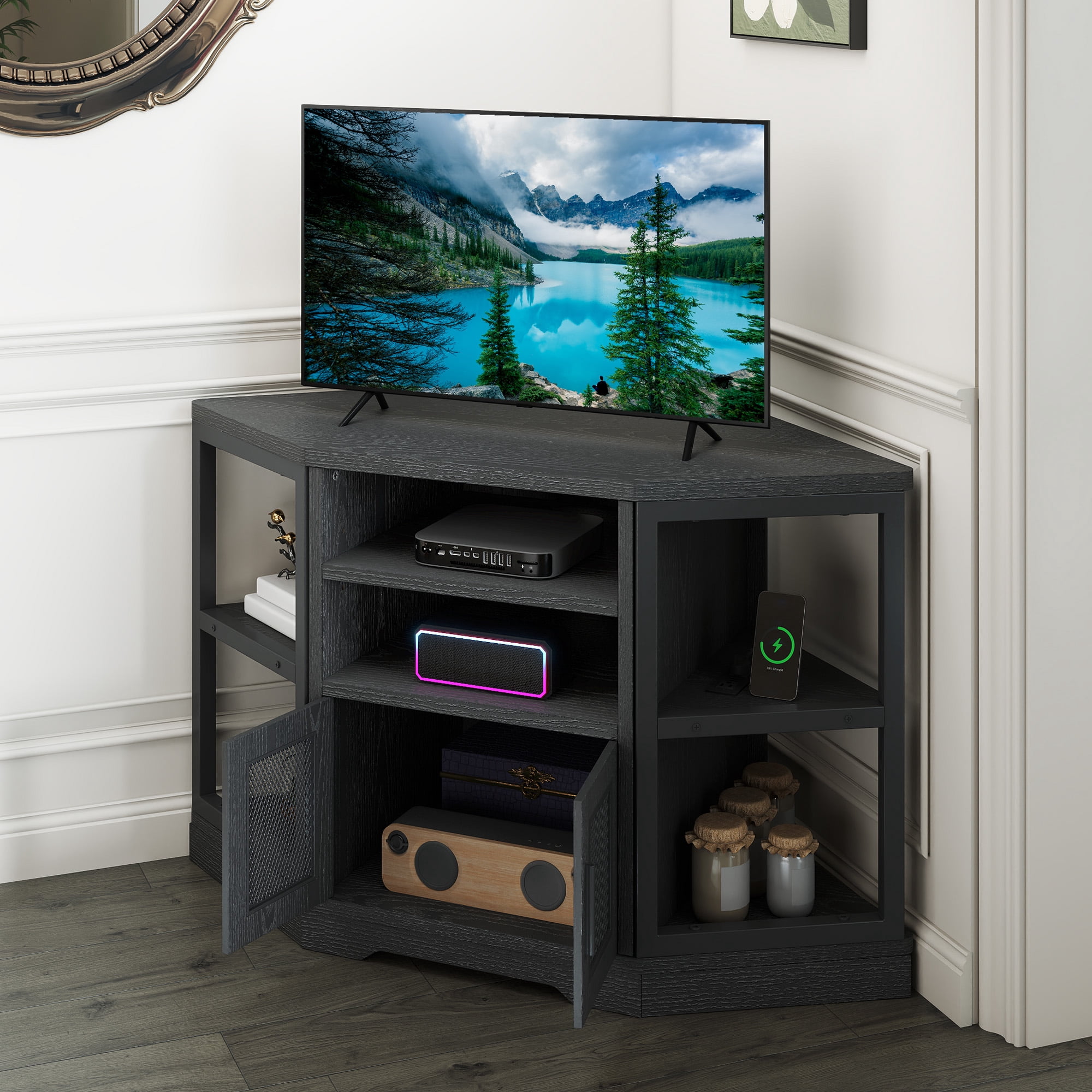 Uforic Corner TV Stand for TVs up to 55", Farmhouse Entertainment Center with Power Outlet, Black