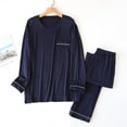 thumbnail image 2 of Wyobmus Mens Soft Pajama Set Solid Color Sleepwear Pjs Lightweight Long Sleeve Crewneck Shirt And Full Length Bottoms Size M-2XL F-Navy, 2 of 5
