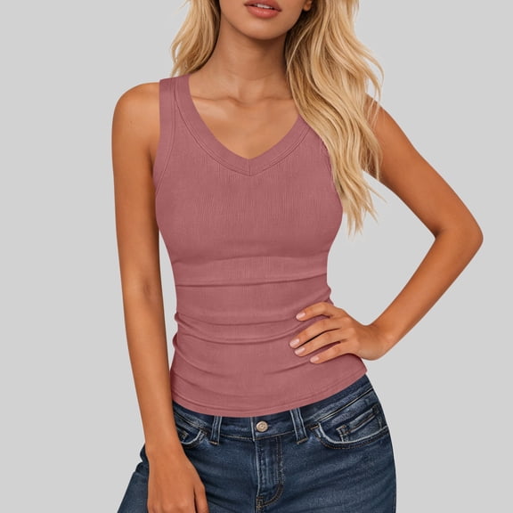 Tank Tops for Women V Neck Ribbed Knit Slim Fitted Sleeveless Basic Tee Casual Summer Pullover Blouse Pink S