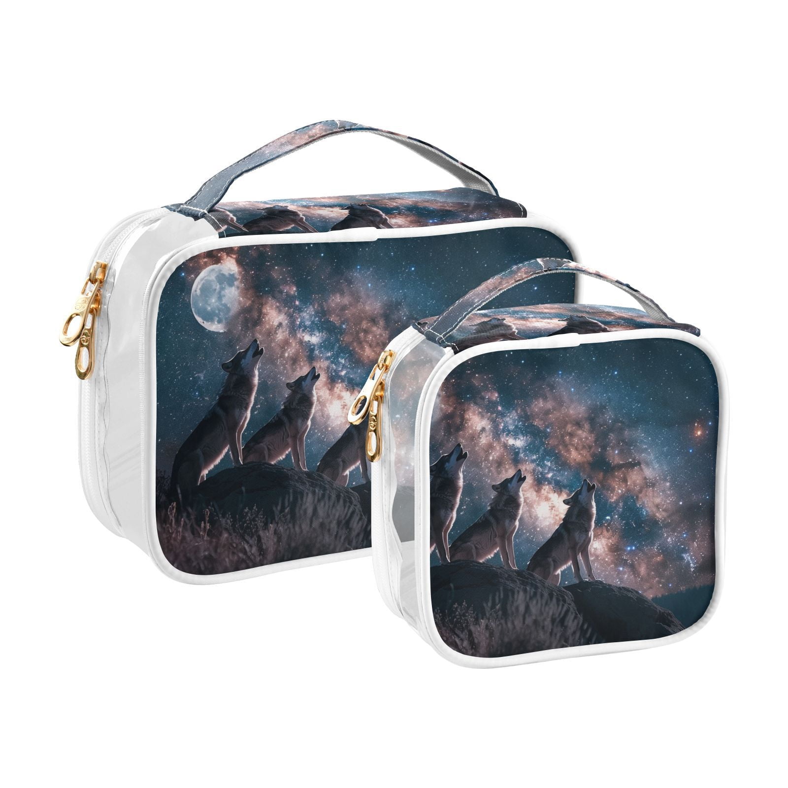Clear Makeup Bags with Handle Large Opening 2 Pack Set Toiletry Bag Quart Size Bag, for Women Man Traveling Travel Essentials, Toiletries and Other. Wolf