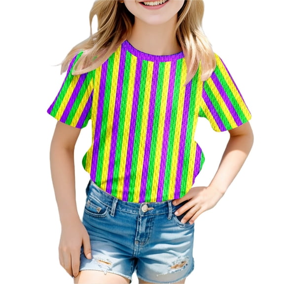 CONZONE Mardi Gras Toddler Boys Tshirts Carnival Striped Short Sleeve T-Shirt for Boys Crew Neck Lightweight Loose Fit Kids Spring Summer Tops