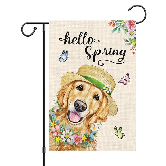 VOCHIC Hello Spring Garden Flag 12x18 Double Sided Vertical, Burlap Small Welcome Golden Retriever Dog Garden Yard House Flags Outside Outdoor House Spring Summer Decoration (ONLY FLAG)