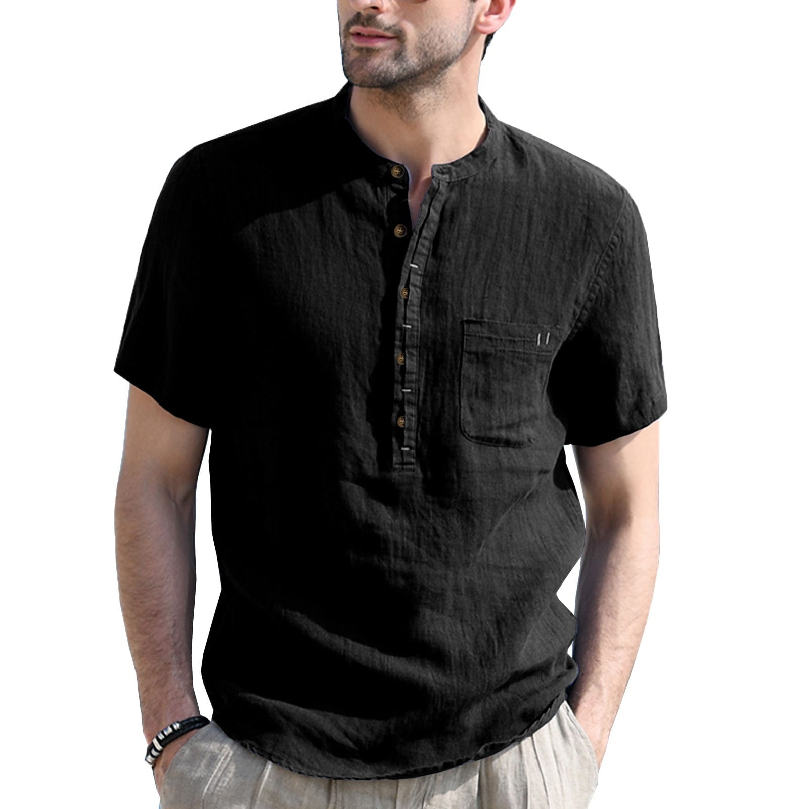 Aayomet Mens Cotton Linen Henley Shirt Men Spring And Summer Solid Top Shirt Casual Cotton Linen