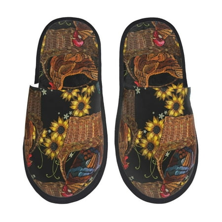 Balery Embroidery Chicken Rooster Slient Indoor Furry Fleece Comfort House Shoes Soft Non-Slip Home Shoes Cotton slippers House Slippers-- Large