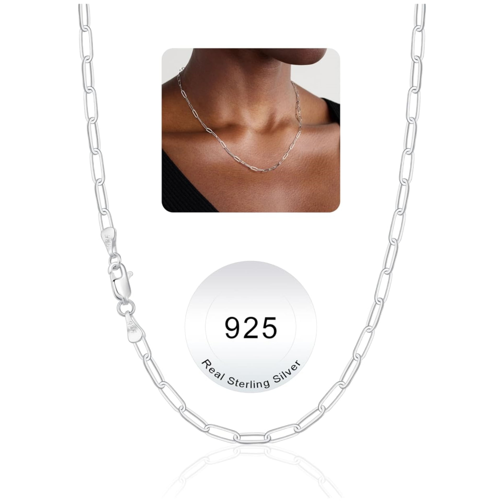 Turandoss Solid 925 Sterling Silver Necklace for Women Men 3.5mm Sterling Silver Paperclip Chain Necklace for Women Hypoallergenic Soft Sturdy Necklaces 16 18 20 22 24 inches Jewelry Gifts for Her