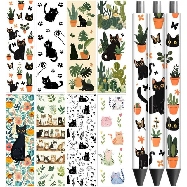 Calcomanías de transferencia UV DTF con diseño de gato y planta - 48 unidades, resistentes al agua, con impresión HD, para personalizar, hacer manualidades decorativas o regalar.