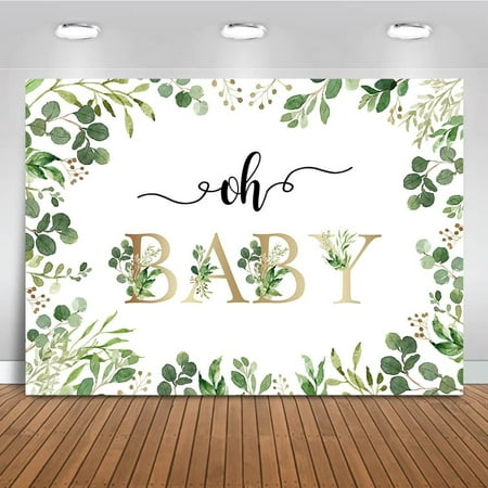 Image of Greenery Oh Baby Backdrop Eucalyptus Leaves Baby Shower Background Green and Gold Baby Shower Party Cake Table Decoration Banner Photo Booth Props (10x7ft)