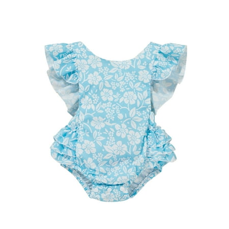 

Canis Newborn Baby Girls Romper Fly Sleeve Crew Neck Flower Print Casual Daily Summer Bodysuit