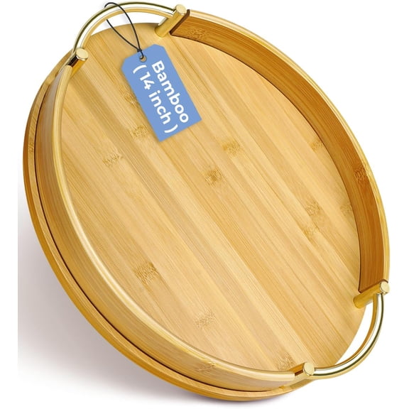 XIMEI 14" Round Bamboo Serving Tray with Handles, Decorative Breakfast/Coffee Table/Ottoman Tray, Kitchen Platter for Drinks/Snacks, Home Decor Gift