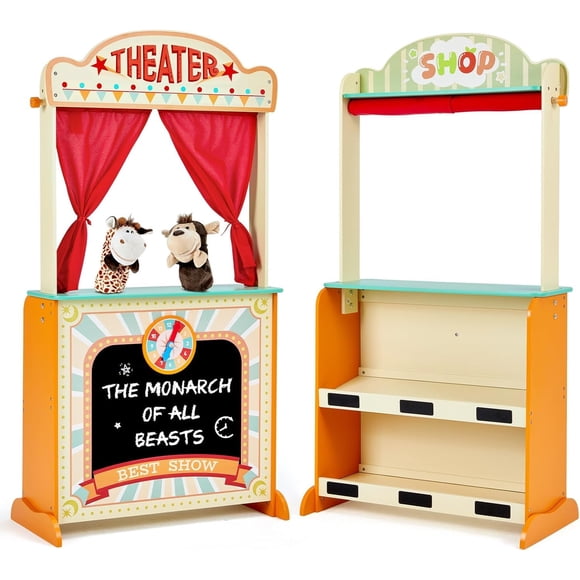 labebe - Marionnette en Bois de Luxe Théâtre Bonus 2 Marionnette à Main, &65279;2-en-1 Théâtre d'Horloge Réversible Magasin de Jeu, Support de Limonade Double Face, Jouet de Théâtre de Marionnette avec Ch