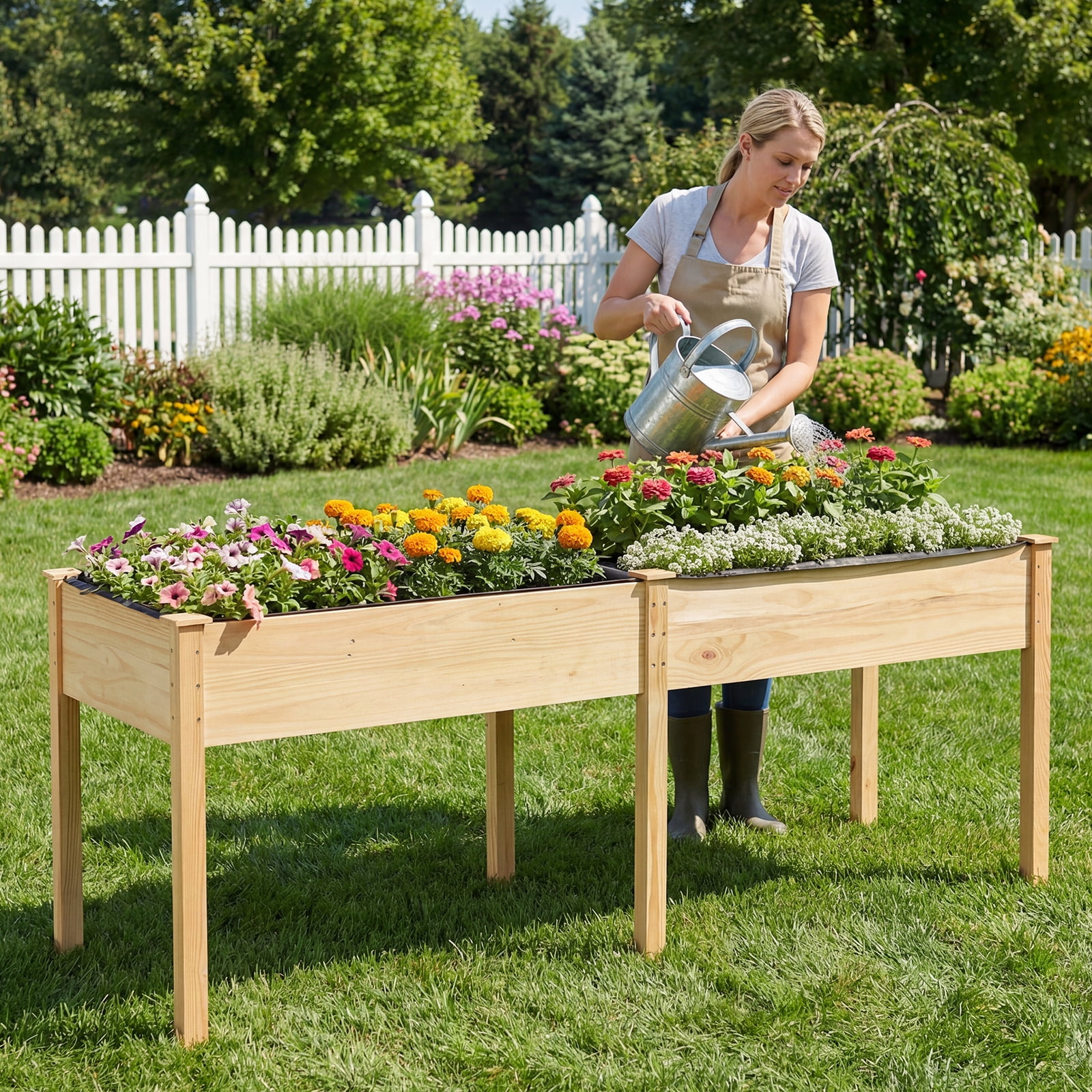 Costway Raised Garden Bed Elevated Pine Wood Planter Box with 2 Large Planting Areas Beige