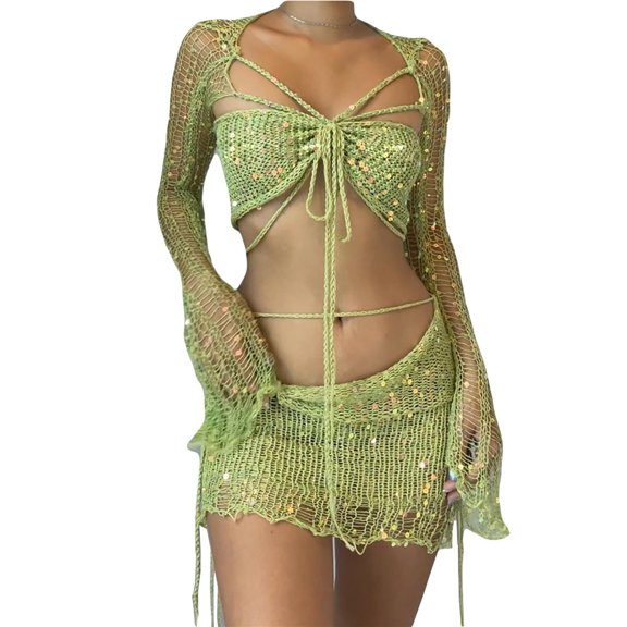 Women Mermaid Top Sequin Skirt 2 Piece Set Y2K Crochet Mesh Party Outfit Sparkle Mini Sexy Knitted Top Short