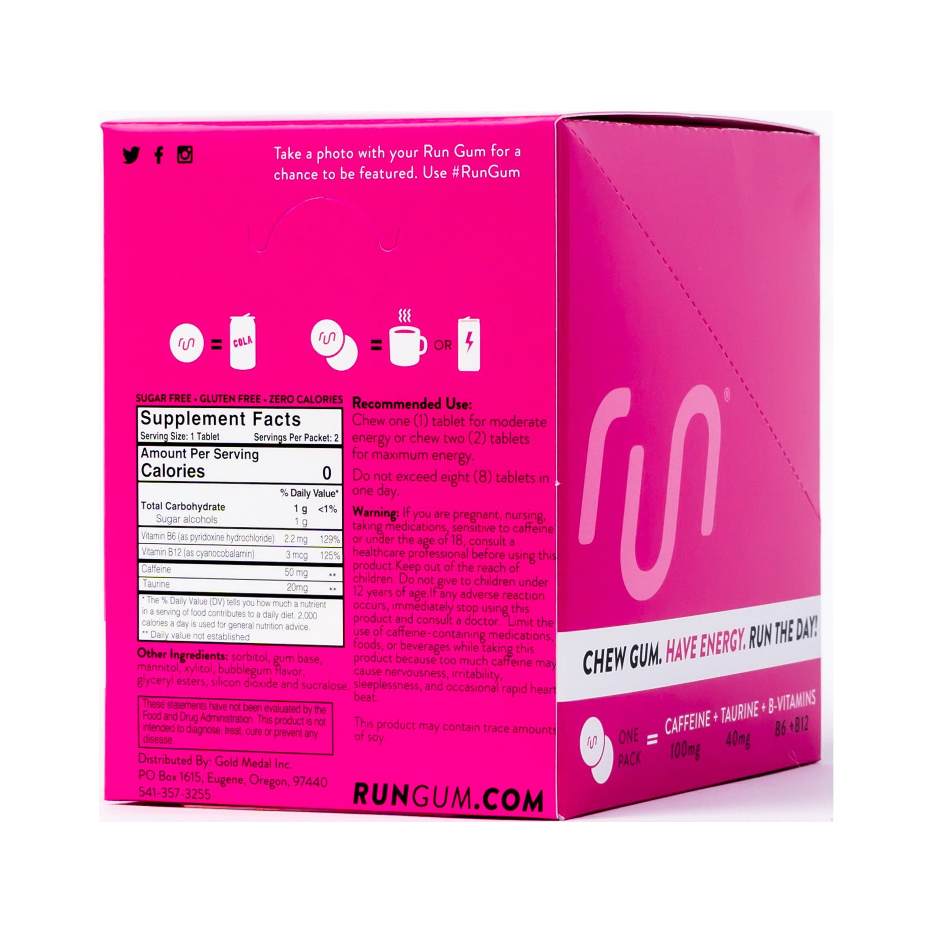 Run Gum Bubblegum Energy Gum 50mg Caffeine Taurine & B-Vitamins per Piece, 24 Pieces (Pack of 12)