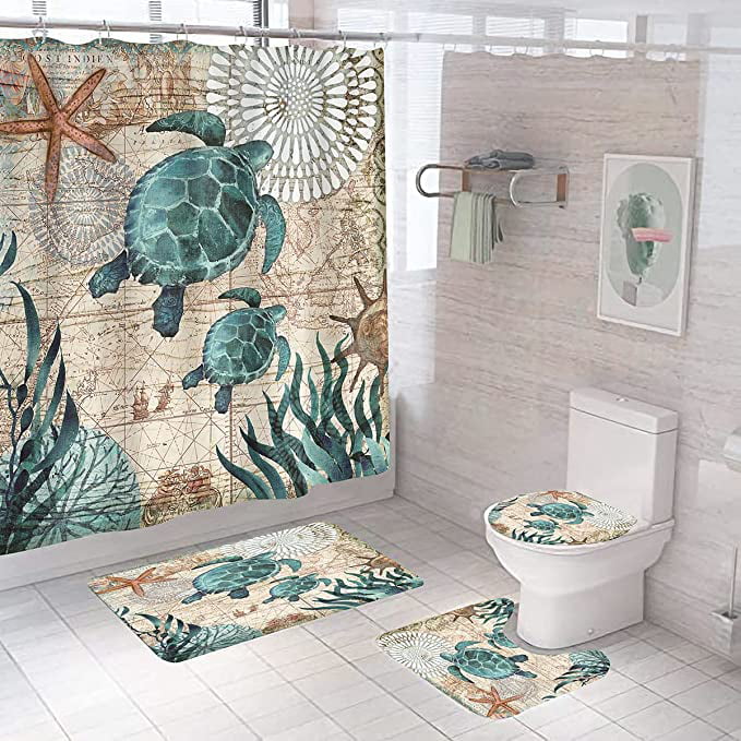 Cute Animal Sea Turtle Shower Curtain Bathroom Waterproof Fabric & Hooks 71*71" 