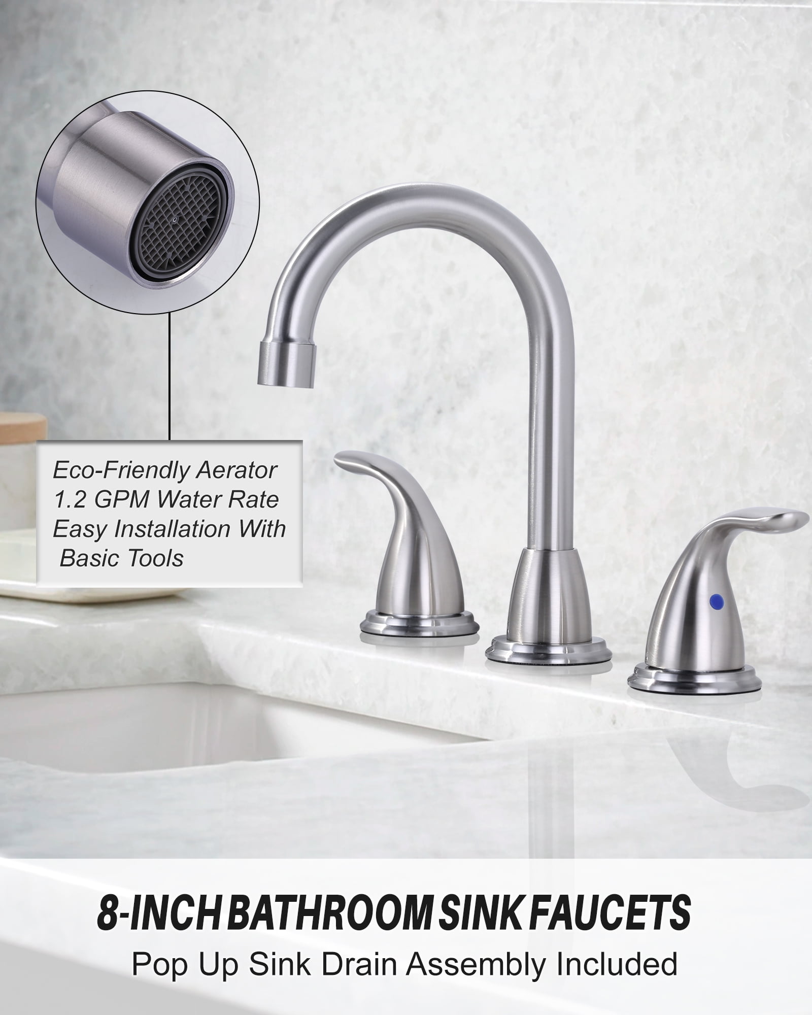 Wowow 3 Hole Widespread Bathroom Sink Faucet in Brushed Nickel,Fit for 6 inch and 8 inch Sink with Pop UP Drain
