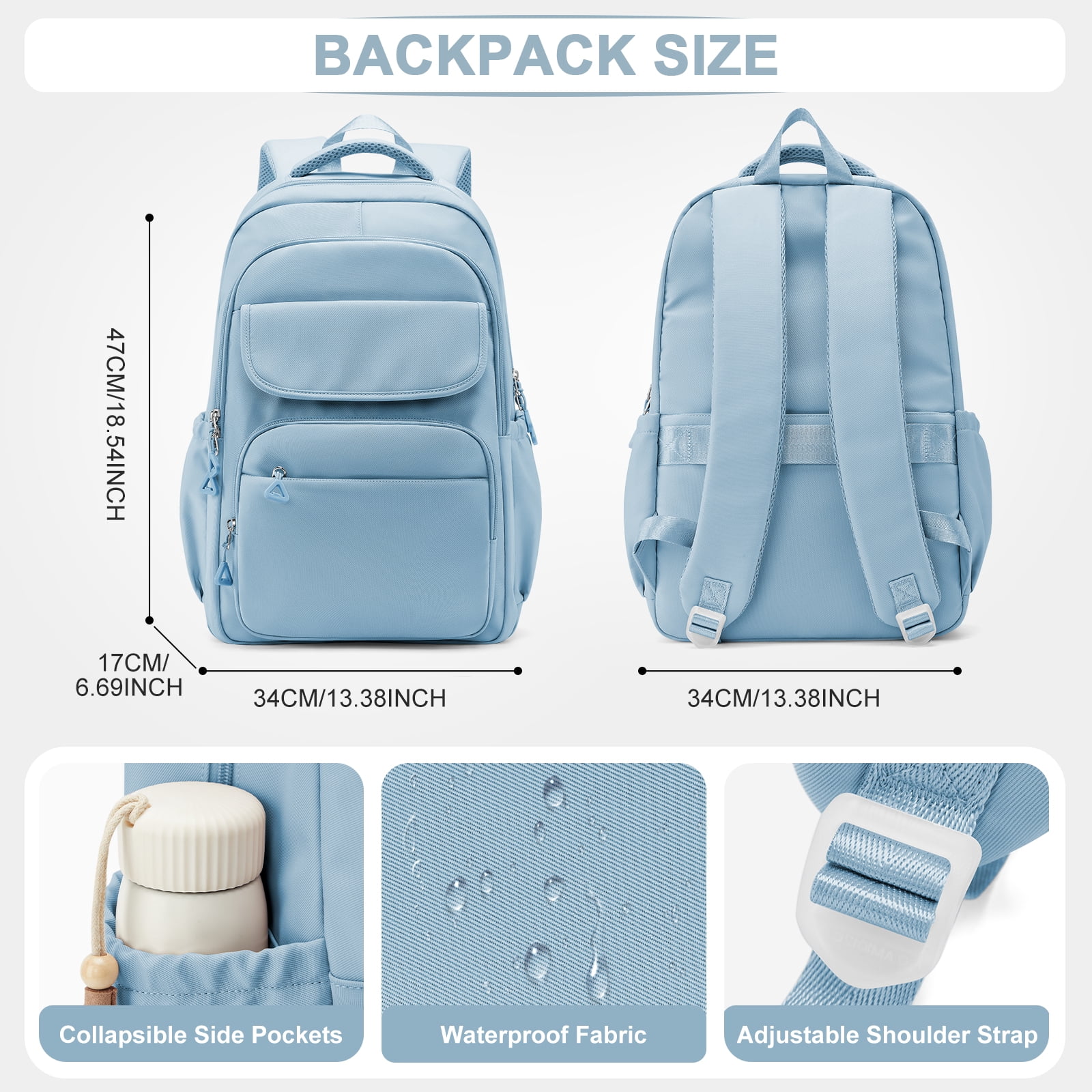 Cute Backpack for Women Men, Waterproof High School Bag Basic Backpack for College Students, Travel Laptop Backpack Lightweight Casual Daypack, Middle School Bookbag, Blue