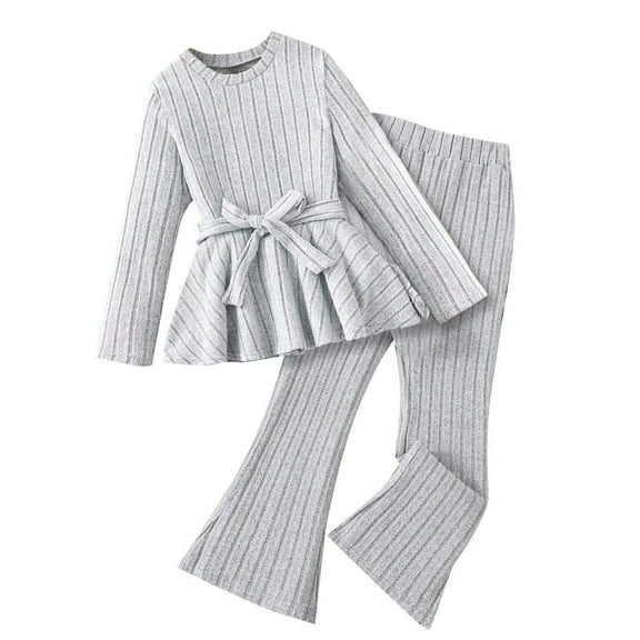 Bysome Toddler Girls Outfit Set Solid Color Long Sleeve Round Neck Tie Waist Top Micro Casual Fashion Pants Suit Long Sleeve Cute Print Girl 2 Pieces Clothes Set Grey Size 6-7 Years