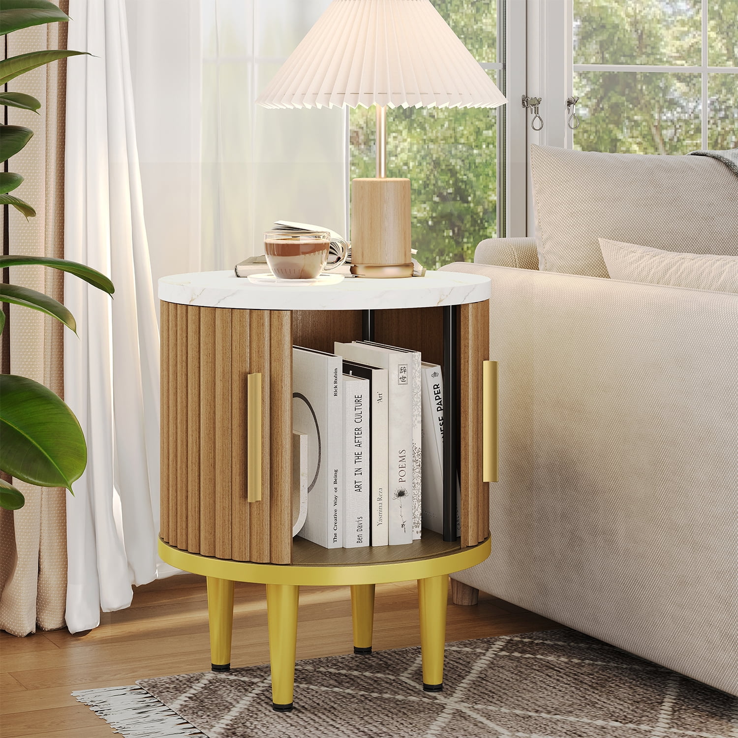 Sonegra Fluted Nightstand Set of 2, Modern Side Table with Faux Marble Top and Metal Handle, Boho Bedside End Table with Sliding Door and Curved Corners for Bedroom,Living Room, Natural Oak