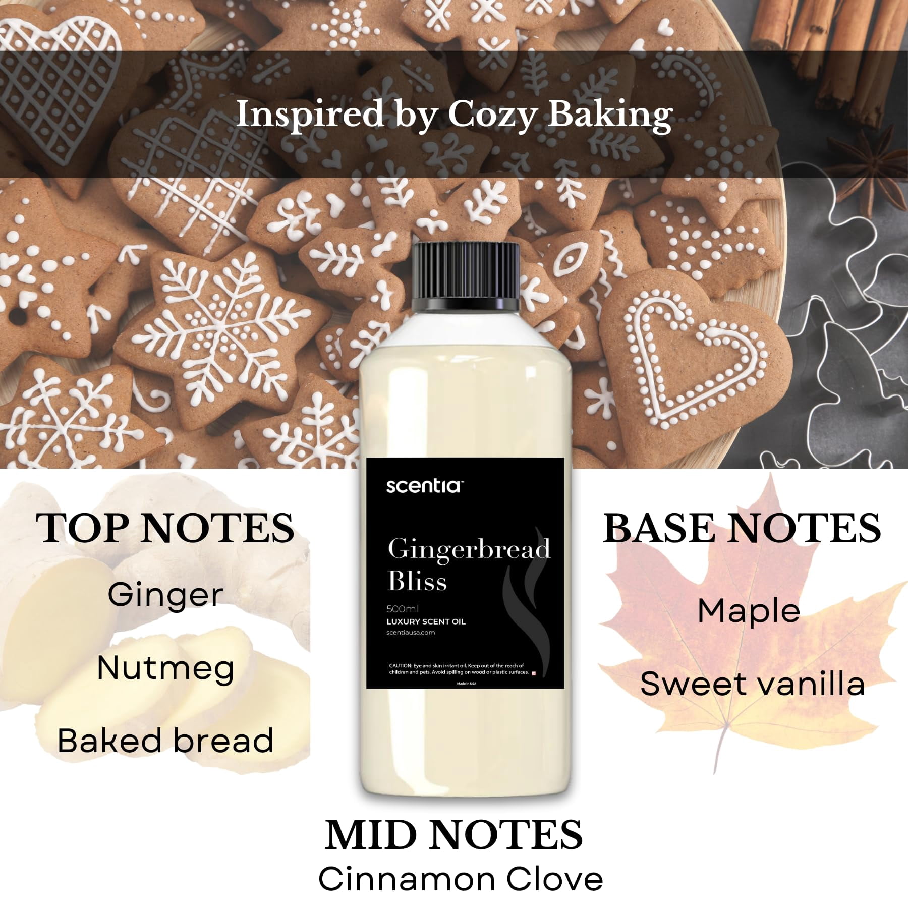 Scentia Gingerbread Bliss Fragrance Oil – 500ml Professional Christmas Diffuser Oil | Cozy Holiday Blend with Ginger, Nutmeg, Cinnamon & Vanilla | Aromatherapy for Homes, Spas, Hotels & DIY Supplies