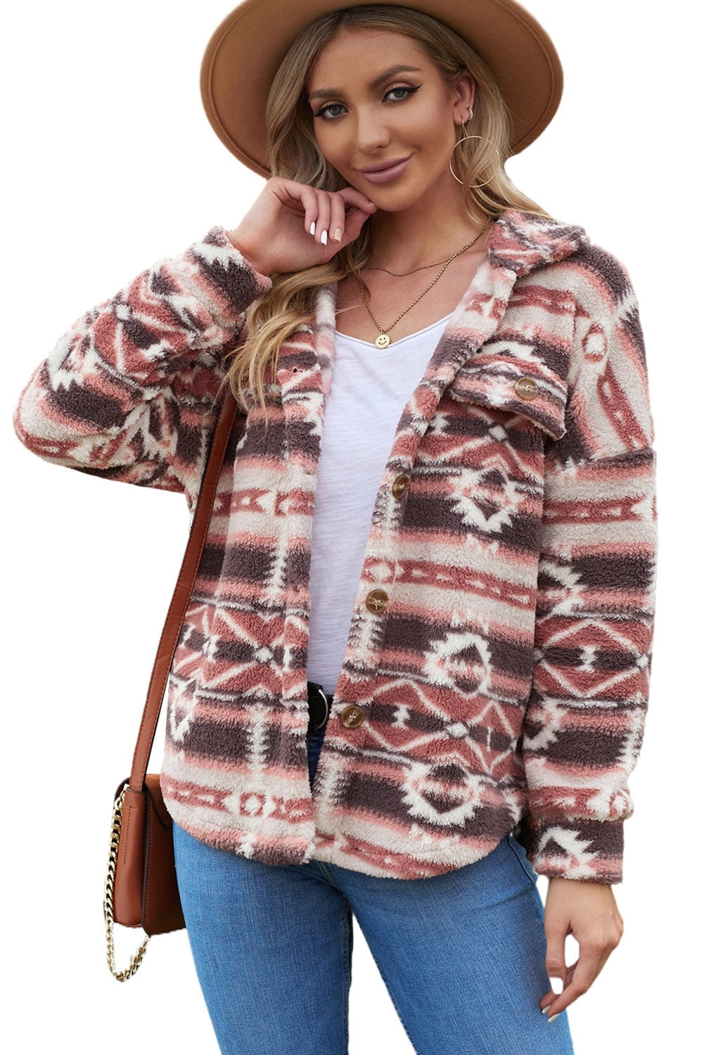Women Pink Tribal Print Pocket Buttoned 