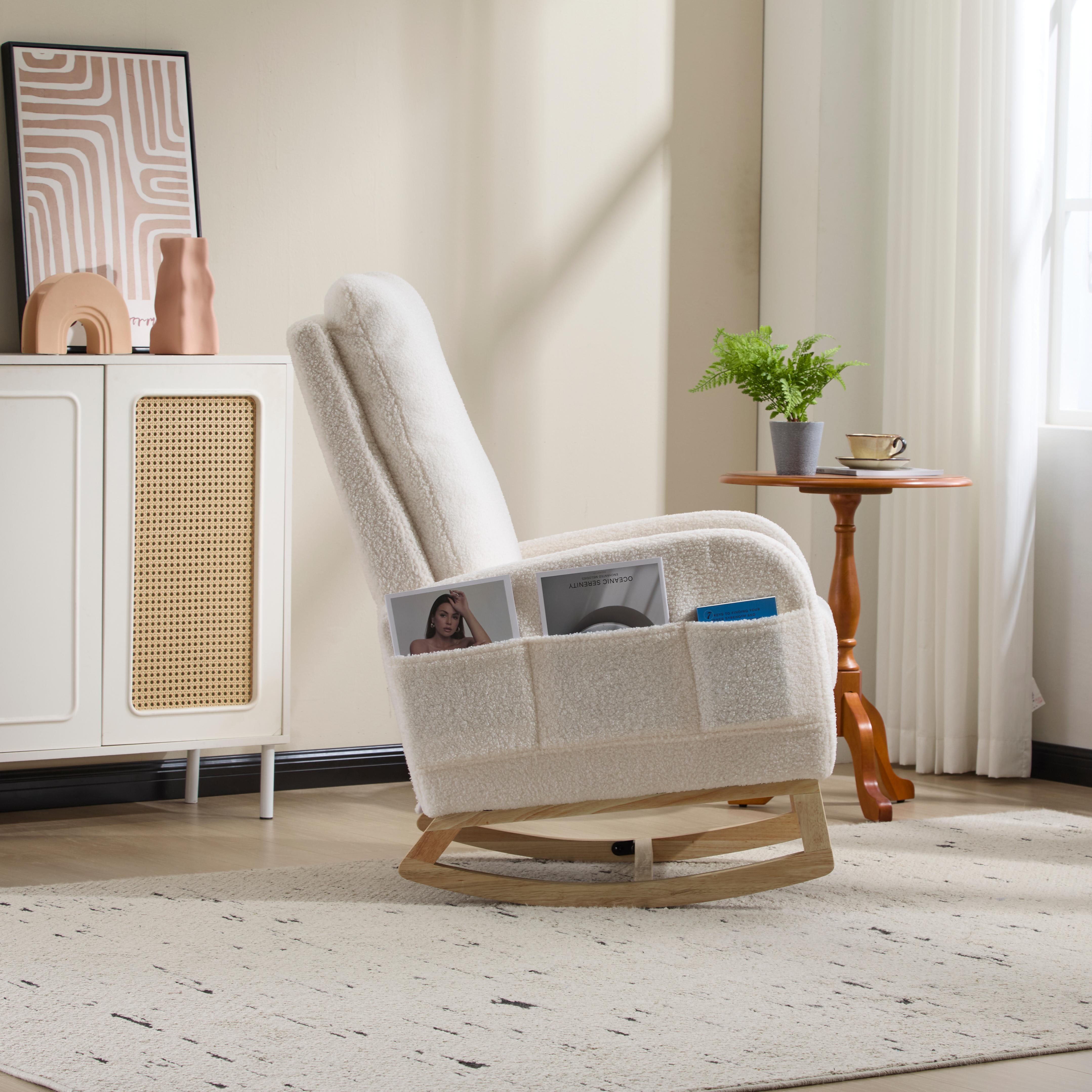 CQSXDA Modern Accent Rocking Chair with Solid Wood Legs and Side Pocket Upholstered Nursery Glider for Any Room, White