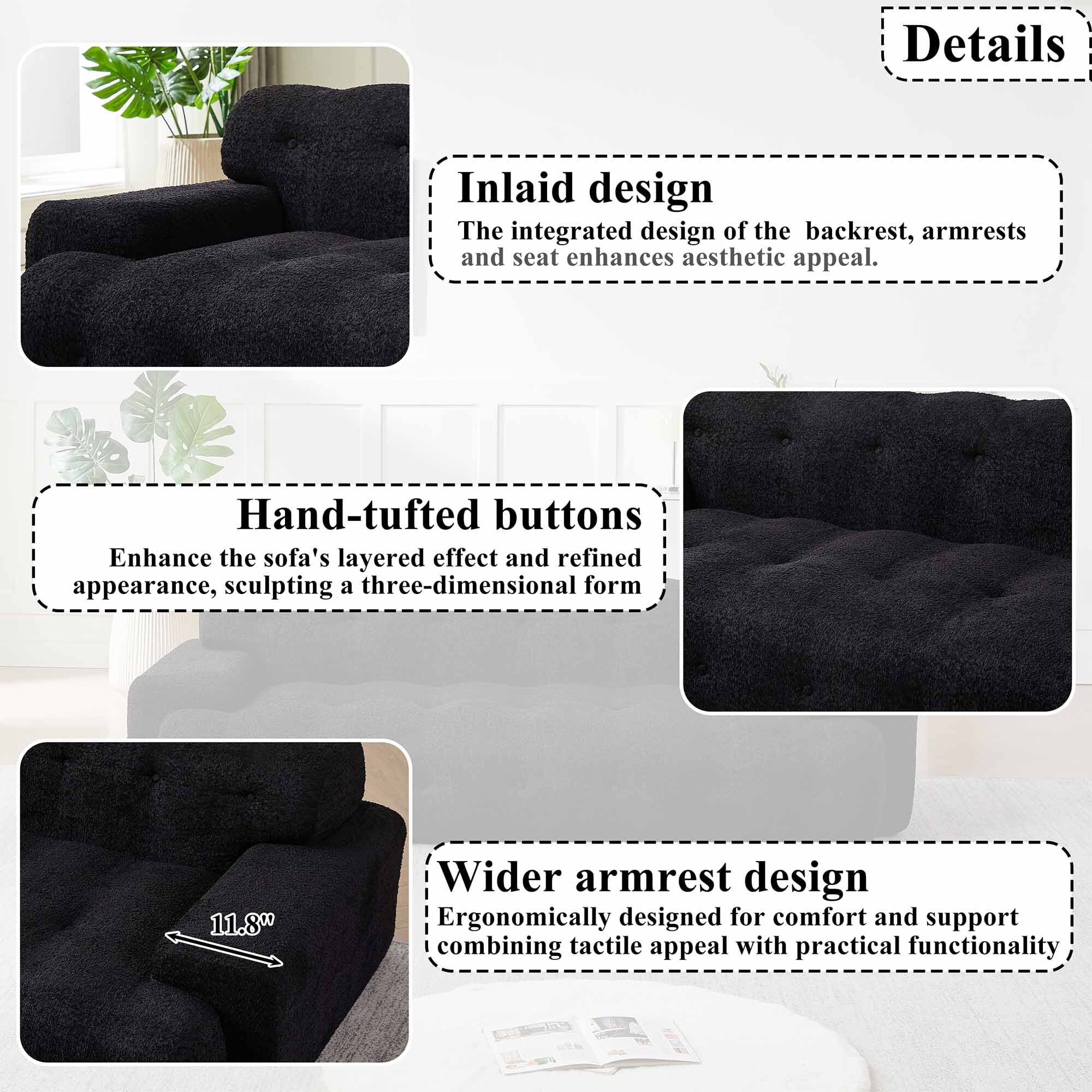 Lunale Boneless Cloud Sofa, No Assembly Required, Modern 3-Seater Chenille Couch for Living Room, Black