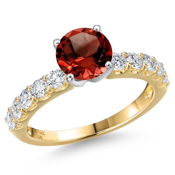 Gem Stone King 14K Two Tone Gold Red Garnet and Lab Grown Diamond Engagement Ring for Women | 1.85 Cttw | Round 6.5MM | Gemstone January Birthstone | Size 7