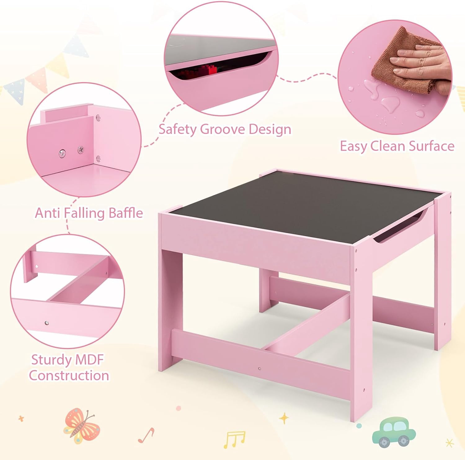 Neatifyes Kid Table and Chairs, 3 in 1 Wooden Activity Desk Set w/ Reversible Chalkboard & Storage Space for Arts, Crafts, Drawing, Reading, Playroom, Toddler Table and Chair Set for Boy Girl (Pink)