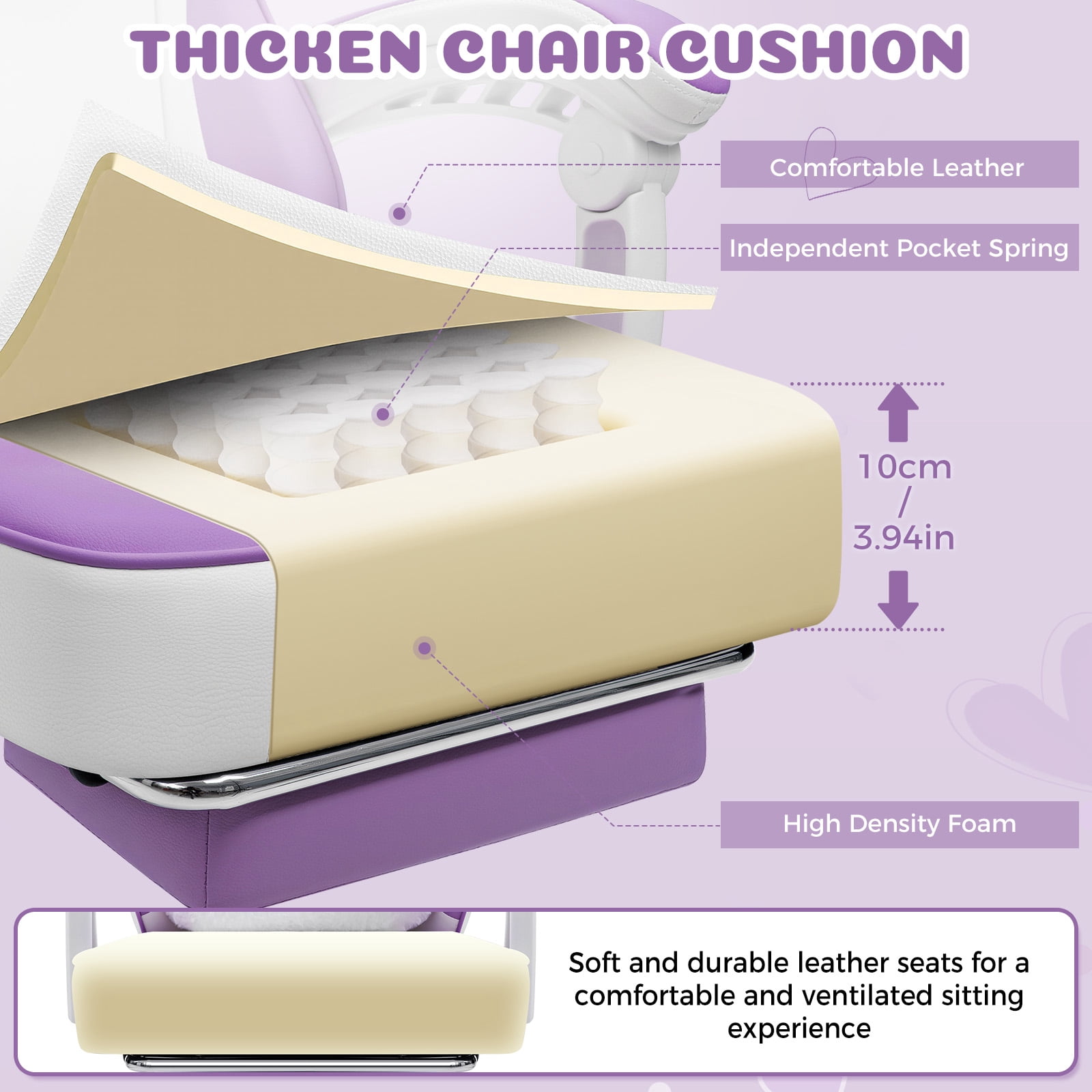 HOFFREE Gaming Chair for Girls with Cat Ears and Cloud Massage Lumbar Cute Computer Chair with Footrest Comfortable Reclining Game Chairs for Adults Teens Women Purple and White