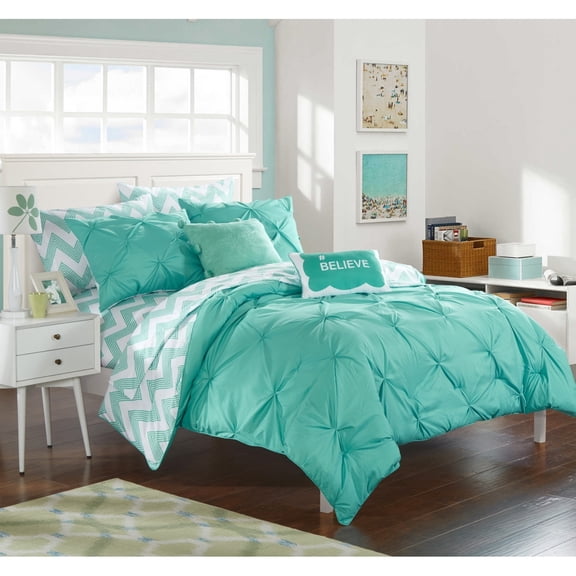 9 or 7 Piece Parkerville Pinch Pleated and Ruffled Chevron Print REVERSIBLE Bed In a Bag Comforter Set Sheets Included