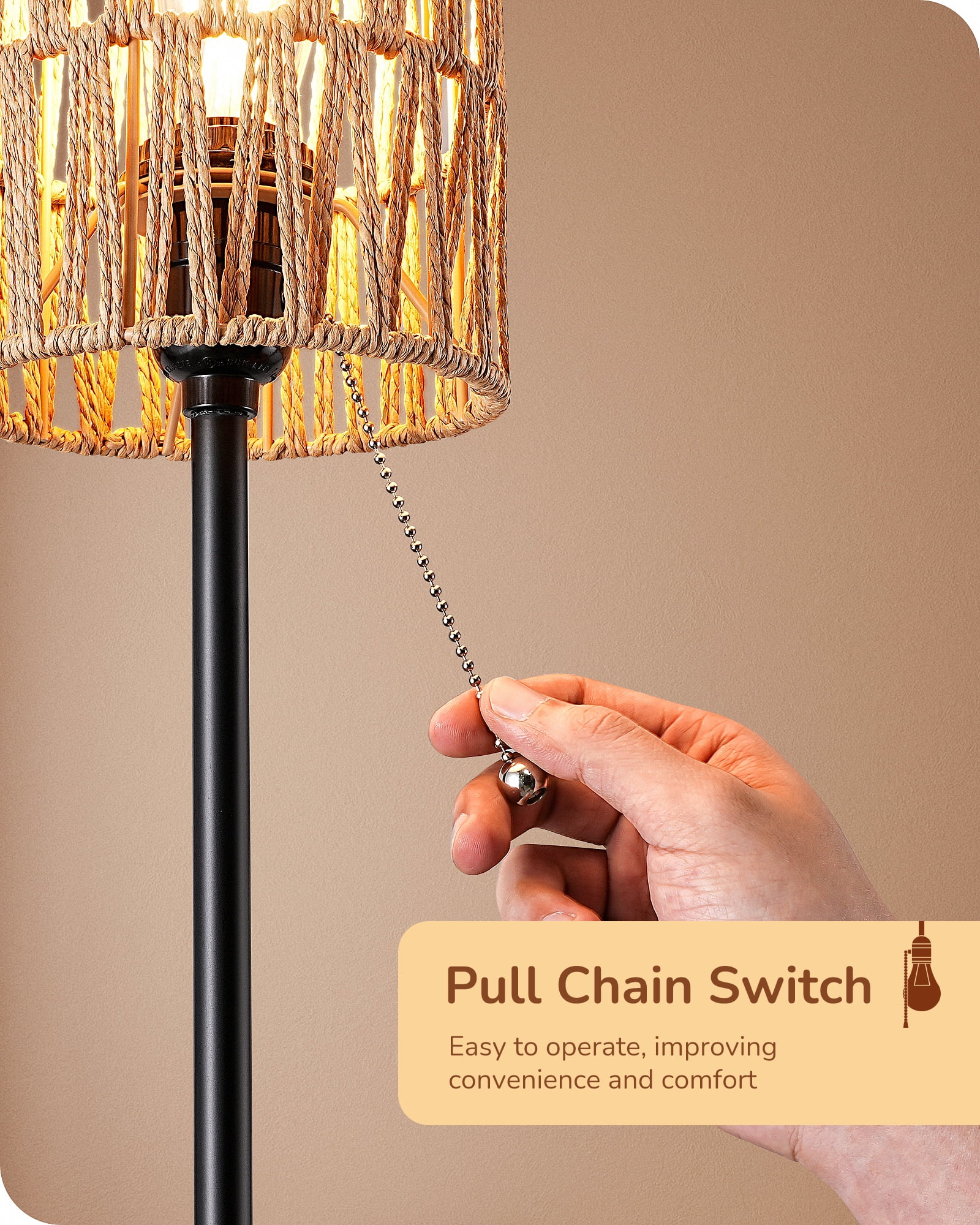 EDISHINE Table Lamp with Rattan Lampshade, Pull-Chain Switch, Metal Base Boho Bedside Nightstand Lamp for Bedroom, Living Room, Office