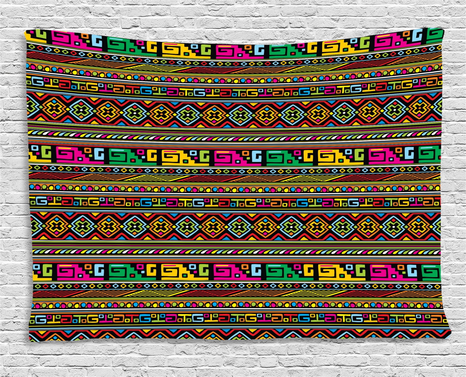 African Tapestry, Ancient Ancestral Borders in Lively Colors Geometric Indigenous Culture Art