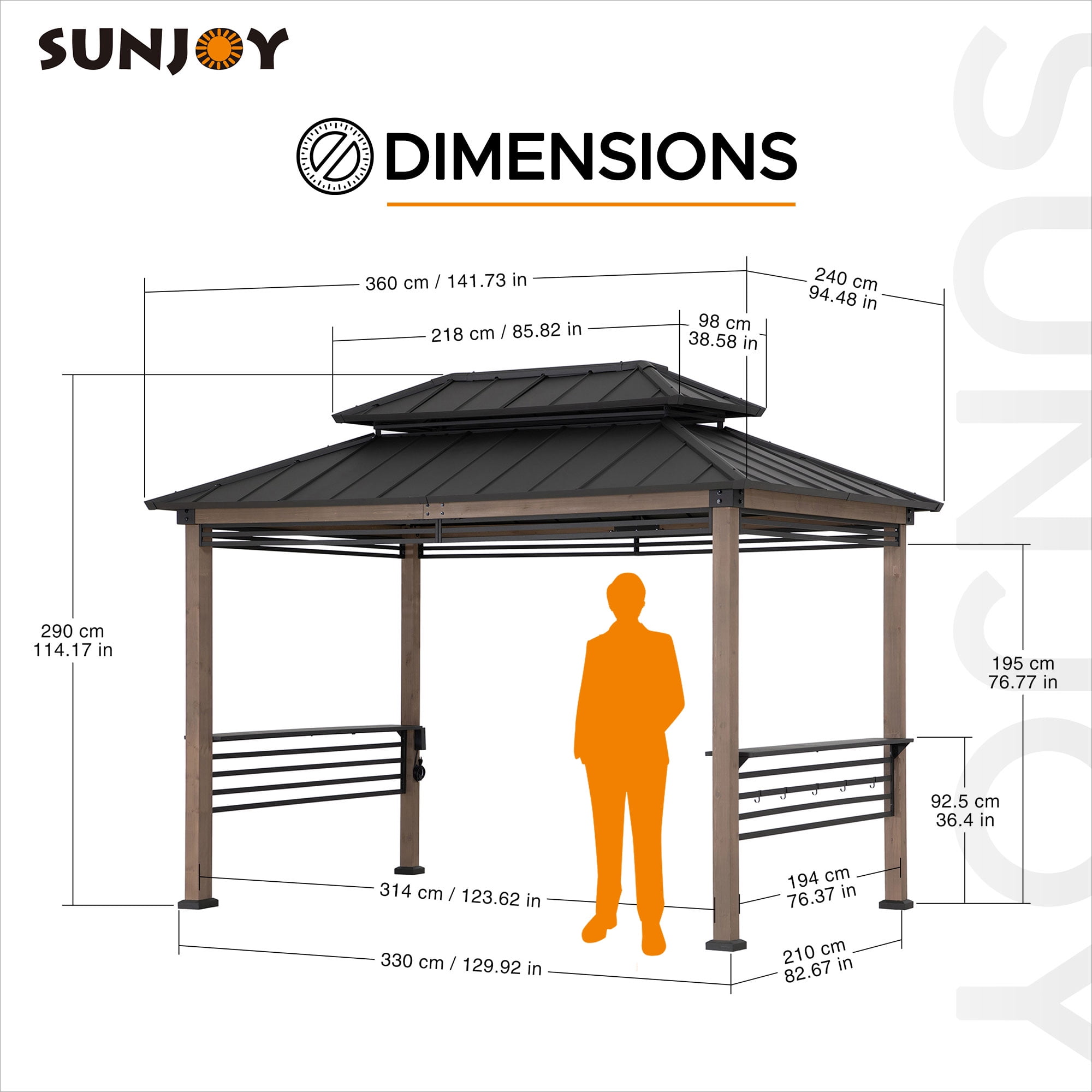 SUNJOY 8x12 ft Extra-Tall Cedar Grill Gazebo with Ventilated Roof, AC Power & Shelves, Brown